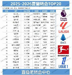 夏窗目前转会TOP20:维尔茨1.25亿标王利物浦占据前二 前6曼联3席