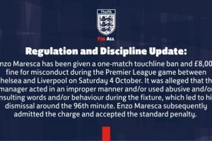 官方：马雷斯卡因对阵利物浦染红，被禁赛一场+罚款8000英镑